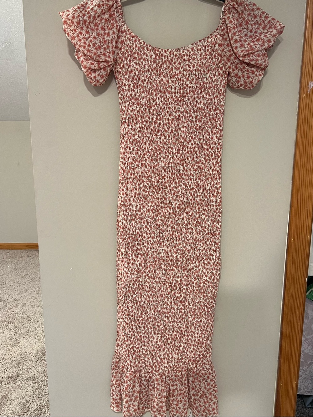 Petal + Pup Claire Midi Dress Smocked Bodycon Floral Puffed Sleeves Ruffled Hem